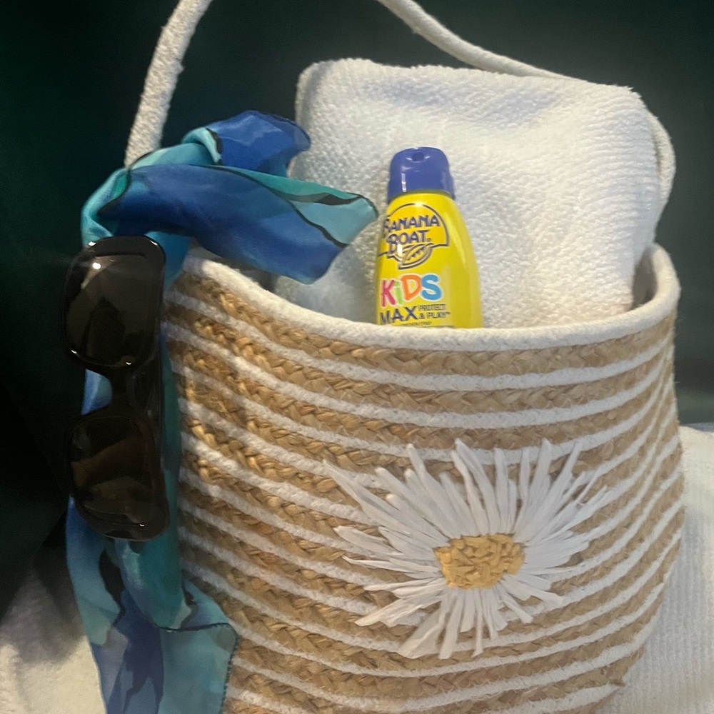 Striped Beige and White Woven Bag with Daisy Design